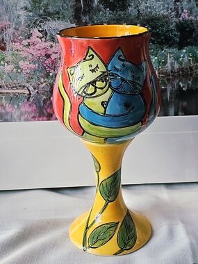 Whimsical Happy Cat By OUTI Handpainted Ceramic DECOR / GOBLET